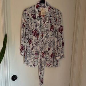 Anthropologie White and Red Blouse with Tie Detail